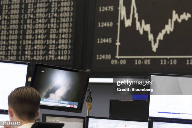 Television news report shows footage of a missile launch targeting Syria as a digital board displays the DAX Index curve beyond in the Frankfurt...