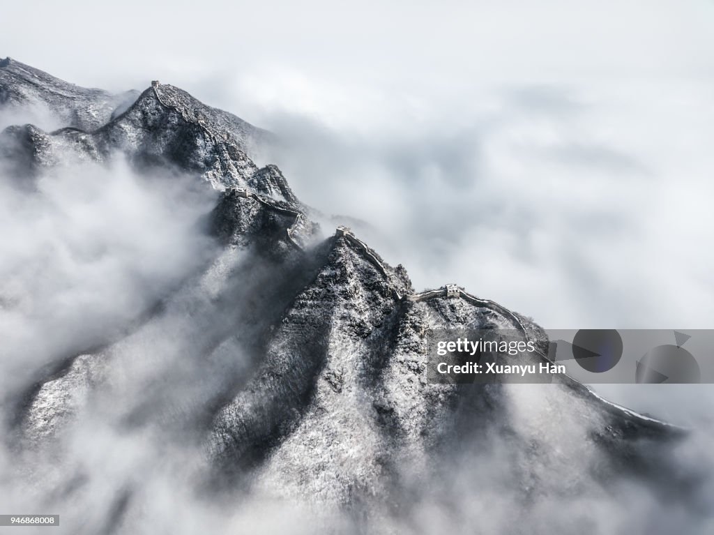 Great Wall of China in winter with fog, Beijing, China