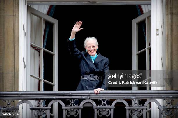 Queen Margrethe of Denmark poses on the balcony of Amalienborg palace during the Danish Queen's 78th Birthday celebrations on April 16, 2018 in...