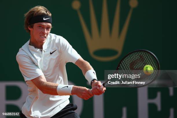 Andrey Rublev of Russia plays a shot in his match against Robin Haase of Holland during day two of ATP Masters Series: Monte Carlo Rolex Masterat...