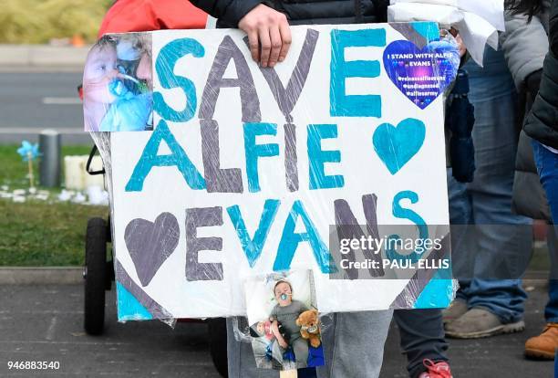 Supporters of seriously ill British toddler being kept alive on a ventilator Alfie Evans demonstrate outside Alder Hey Children's Hospital in...