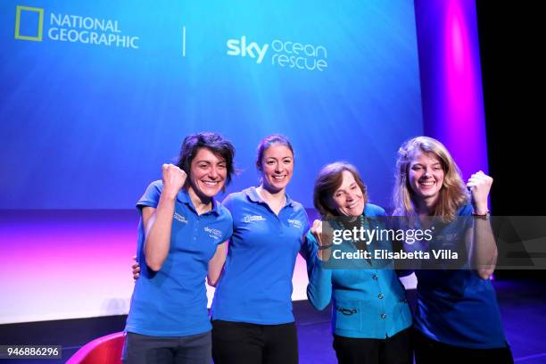 Sky Ocean Rescue Scholars Martina Capriotti, Annette Fayet, Syliva Earle and Imogean Napper pose on the stage at the National Geographic Science...