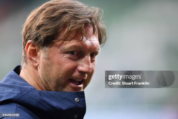 Ralph Hasenhuettl, head coach of Leipzig looks on during the Bundesliga match between SV Werder Bremen and RB Leipzig at Weserstadion on April 15,...