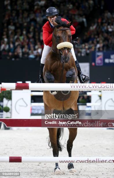 Eventual winner Elizabeth Beezie Madden of USA riding Breitling LS competes in the FEI World Cup Jumping Final during the FEI World Cup Paris Finals...