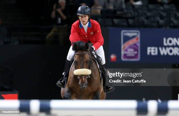 Eventual winner Elizabeth Beezie Madden of USA riding Breitling LS competes in the FEI World Cup Jumping Final during the FEI World Cup Paris Finals...