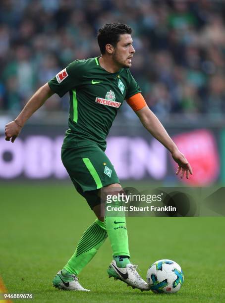 Zlatko Junuzovic of Bremen in action during the Bundesliga match between SV Werder Bremen and RB Leipzig at Weserstadion on April 15, 2018 in Bremen,...