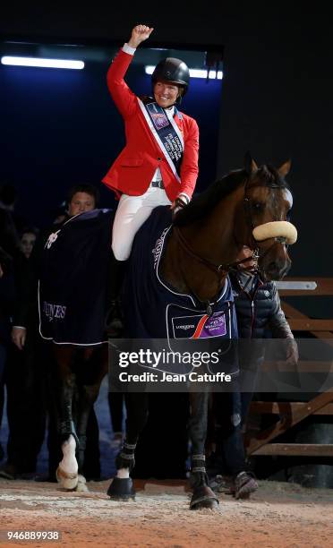 Elizabeth Beezie Madden of USA riding Breitling LS celebrates during the trophy cerermony winning the FEI World Cup Jumping Final during the FEI...