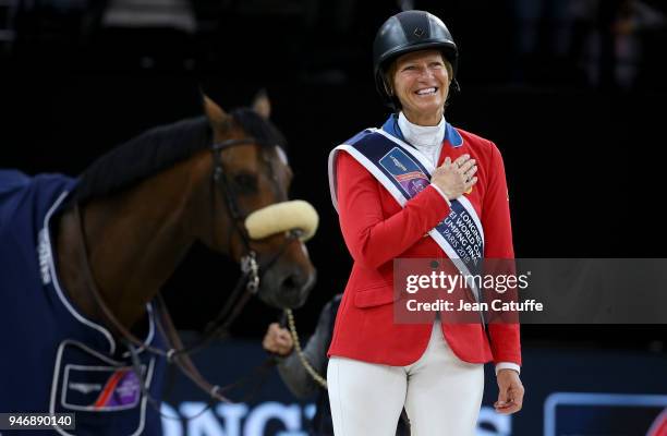 Elizabeth Beezie Madden of USA riding Breitling LS celebrates during the trophy cerermony winning the FEI World Cup Jumping Final during the FEI...