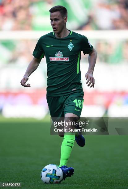 Niklas Moisander of Bremen in action during the Bundesliga match between SV Werder Bremen and RB Leipzig at Weserstadion on April 15, 2018 in Bremen,...