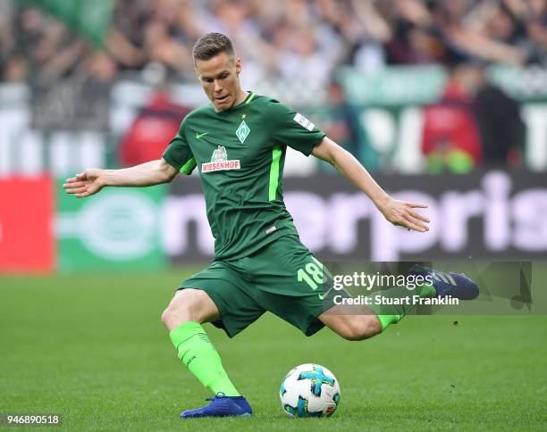 Niklas Moisander of Bremen in action during the Bundesliga match between SV Werder Bremen and RB Leipzig at Weserstadion on April 15, 2018 in Bremen,...