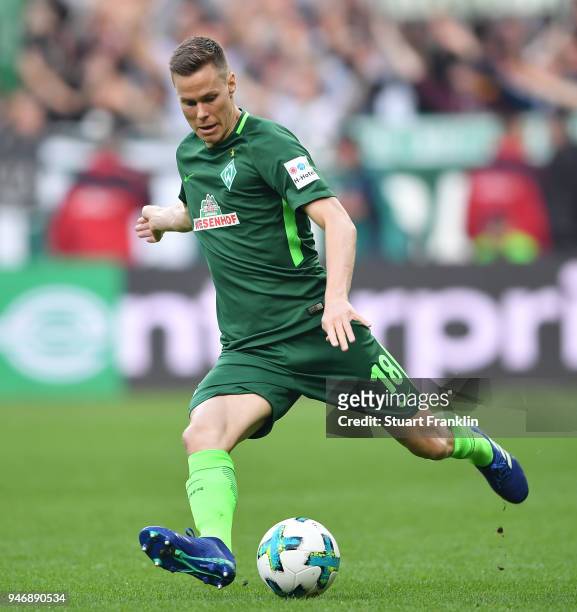 Niklas Moisander of Bremen in action during the Bundesliga match between SV Werder Bremen and RB Leipzig at Weserstadion on April 15, 2018 in Bremen,...