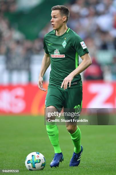 Niklas Moisander of Bremen in action during the Bundesliga match between SV Werder Bremen and RB Leipzig at Weserstadion on April 15, 2018 in Bremen,...