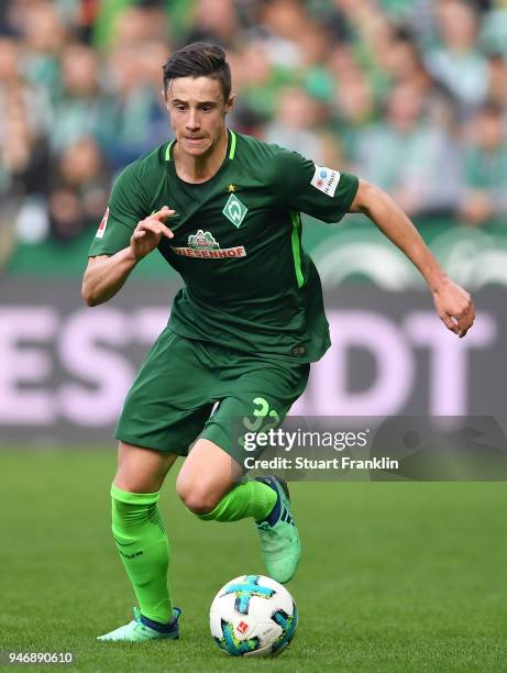 Marco Friedl of Bremen in action during the Bundesliga match between SV Werder Bremen and RB Leipzig at Weserstadion on April 15, 2018 in Bremen,...