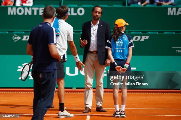 Jared Donaldson of the USA argues with umpire Arnaud Gabas of France in his match against Albert Ramos-Vinolas of Spain during day two of ATP Masters...