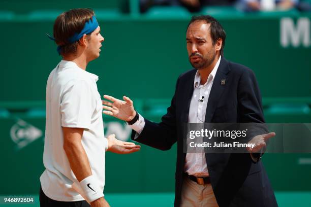 Jared Donaldson of the USA argues with umpire Arnaud Gabas of France in his match against Albert Ramos-Vinolas of Spain during day two of ATP Masters...