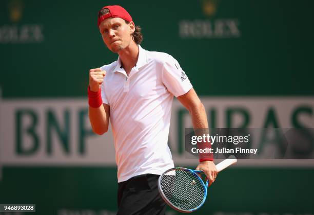 Tomas Berdych of the Czech Republic plays a shot in his match against Kei Nishikori of Japan during day two of ATP Masters Series: Monte Carlo Rolex...