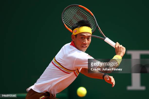 Kei Nishikori of Japan plays a shot in his match against Tomas Berdych of the Czech Republic during day two of ATP Masters Series: Monte Carlo Rolex...