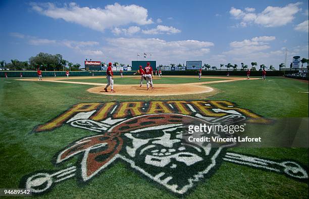 Field level general view of the Pittsburgh Pirates logo on the field before the Spring Training game against the Philadelphia Phillies at McKechnie...