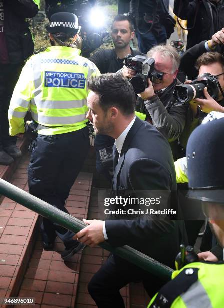Ant McPartlin arrives at Wimbledon Magistrates Court on April 16, 2018 in London, England. Anthony McPartlin, one half of the television presenting...