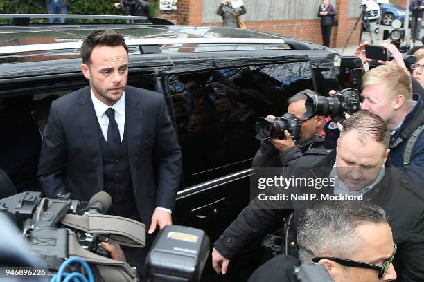 Ant McPartlin arrives at Wimbledon Magistrates Court on April 16, 2018 in London, England. Anthony McPartlin, one half of the television presenting...