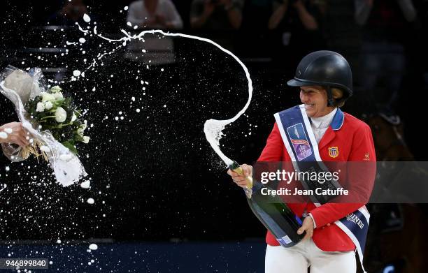 Elizabeth Beezie Madden of USA riding Breitling LS celebrates during the trophy cerermony winning the FEI World Cup Jumping Final during the FEI...