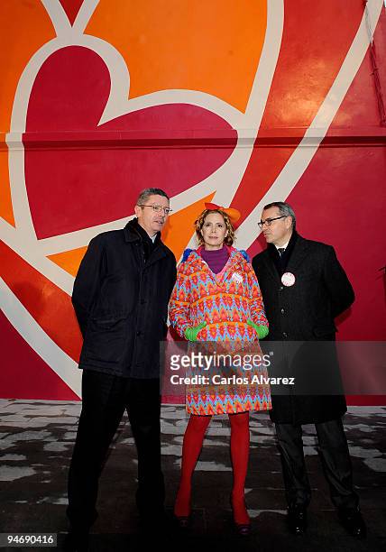 Madrid Mayor Alberto Ruiz Gallardon, Spanish designer Agatha Ruiz de la Prada and Marc Puig during the presentation of the mural painted by designer...