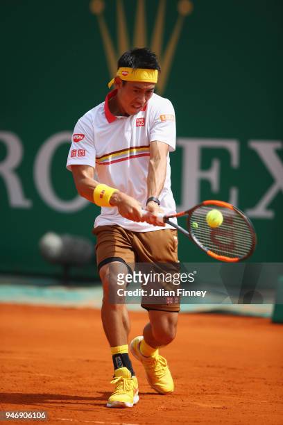 Kei Nishikori of Japan in action in his singles match against Tomas Berdych of Czech Republic during day two of ATP Masters Series: Monte Carlo Rolex...