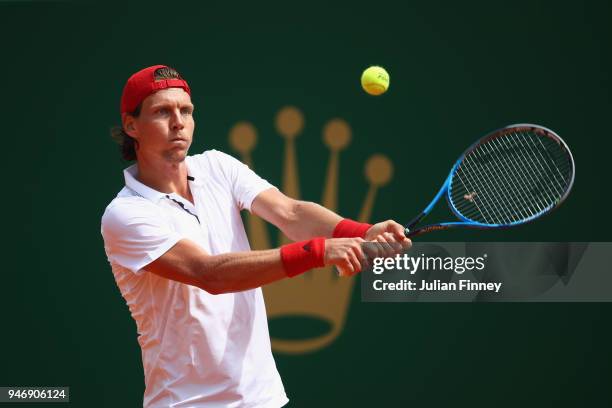 Tomas Berdych of Czech Republic in action during his singles match against Kei Nishikori of Japan during day two of ATP Masters Series: Monte Carlo...