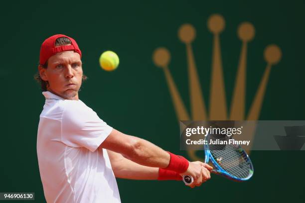 Tomas Berdych of Czech Republic in action in his singles match against Kei Nishikori of Japan during day two of ATP Masters Series: Monte Carlo Rolex...