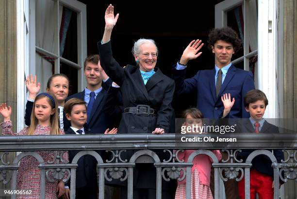 Queen Margrethe of Denmark together with her grand children appears at the balcony of the Royal residence, Amalienborg Palace, on the occasion of her...