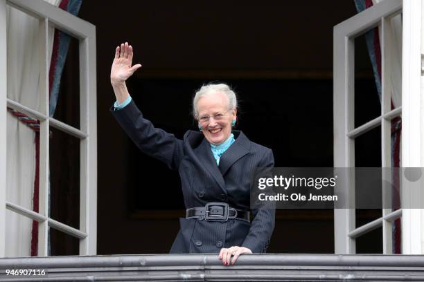 Queen Margrethe of Denmark at the balcony of the Royal residence, Amalienborg Palace, on the occasion of her 78th birthday on April 16, 2018 in...