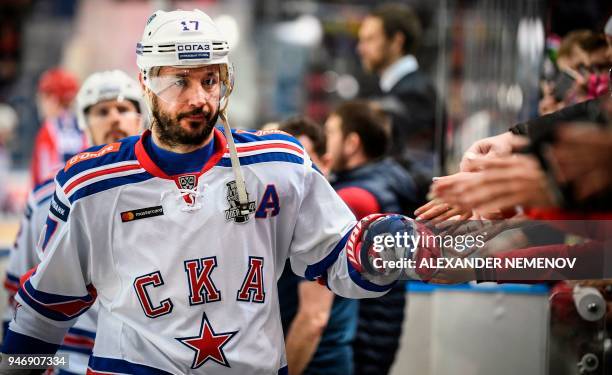 Russian SKA St. Petersburg winger, Ilya Kovalchuk leaves the ice a after pre-game warm up on April 2, 2018 in Moscow. The former New Jersey Devils...