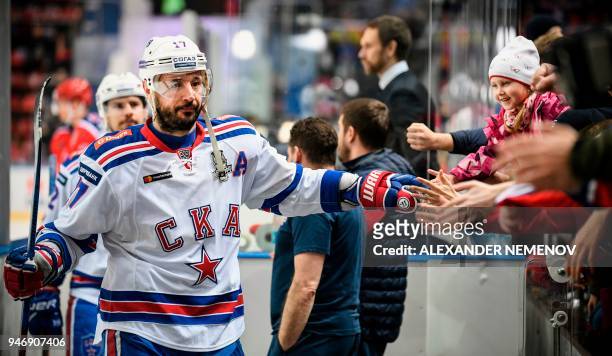 Photo, taken on April 2, 2018 in Moscow, shows Russian SKA St. Petersburg winger Ilya Kovalchuk leaving the ice a after pregame warm up. The former...