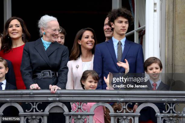 Queen Margrethe of Denmark and family appears at the balcony of the Royal residence, Amalienborg Palace, on the occasion of her 78th birthday on...