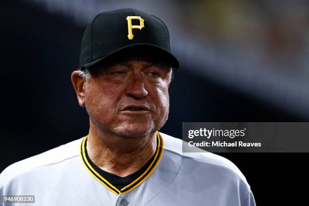 Clint Hurdle of the Pittsburgh Pirates looks on during the game against the Miami Marlins at Marlins Park on April 13, 2018 in Miami, Florida.