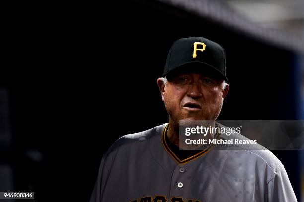 Clint Hurdle of the Pittsburgh Pirates looks on during the game against the Miami Marlins at Marlins Park on April 13, 2018 in Miami, Florida.