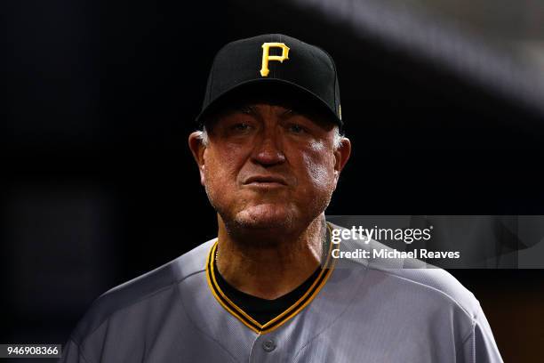 Clint Hurdle of the Pittsburgh Pirates looks on during the game against the Miami Marlins at Marlins Park on April 13, 2018 in Miami, Florida.