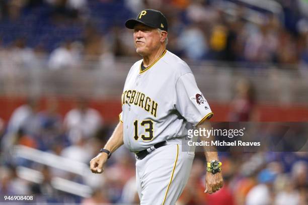 Clint Hurdle of the Pittsburgh Pirates looks on against the Miami Marlins at Marlins Park on April 13, 2018 in Miami, Florida.