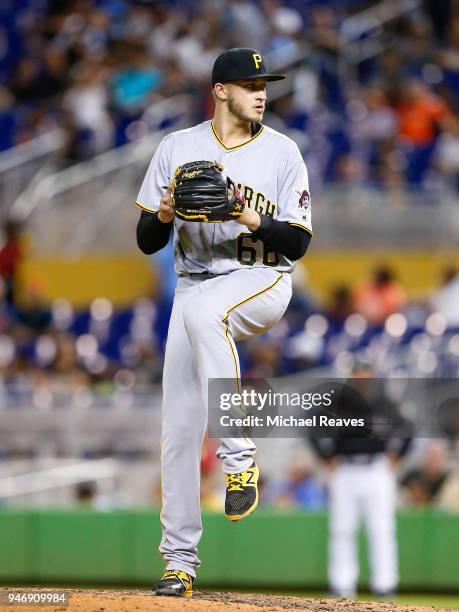 Dovydas Neverauskas of the Pittsburgh Pirates in action against the Miami Marlins at Marlins Park on April 13, 2018 in Miami, Florida.