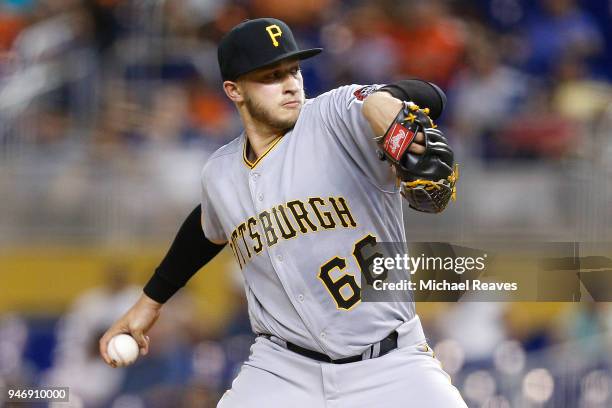 Dovydas Neverauskas of the Pittsburgh Pirates in action against the Miami Marlins at Marlins Park on April 13, 2018 in Miami, Florida.