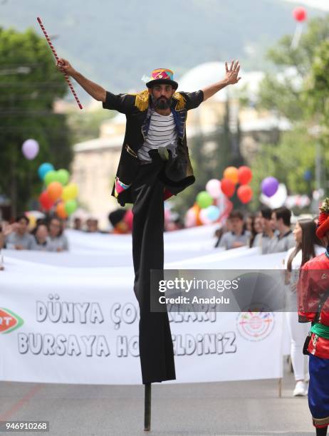 Festival march within the 'TRT International 23rd April Children's Day Festival' held in Bursa, Turkey on April 16, 2018. Around 800 students from 40...