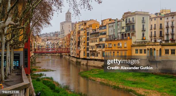 the eiffel bridge and colorful houses on the onyar river bank in girona, spain - オンヤル川 ストックフォトと画像