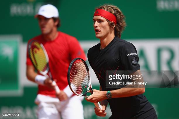 Alexander Zverev of Germany and Mischa Zverev of Germany in action in their doubles match against Andres Molteni of Argentina and Diego Schwartzman...