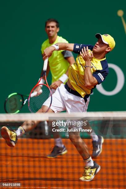 Diego Schwartzman of Argentina and Andres Molteni of Argentina in action in their doubles match against Alexander Zverev of Germany and Mischa Zverev...