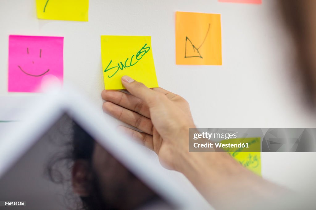 Hand putting a sticky note on board