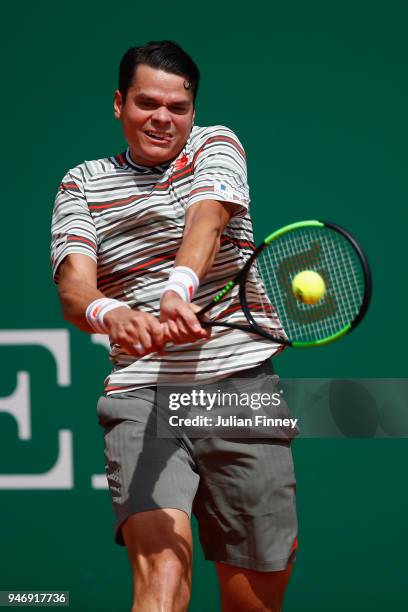 Milos Raonic of Canada in action in his singles match against Lucas Catarina of Monaco during day two of ATP Masters Series: Monte Carlo Rolex...