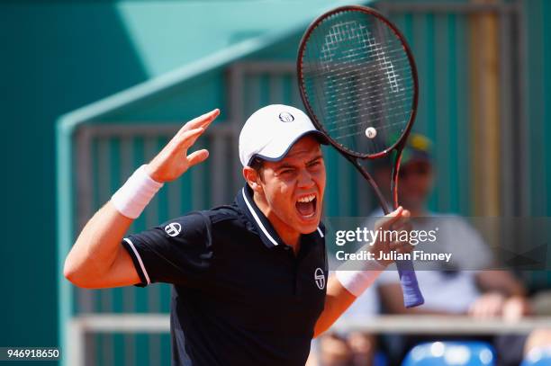 Lucas Catarina of Monaco celebrates after the first set in his singles match against Milos Raonic of Canada during day two of ATP Masters Series:...