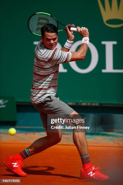 Milos Raonic of Canada in action in his singles match against Lucas Catarina of Monaco during day two of ATP Masters Series: Monte Carlo Rolex...