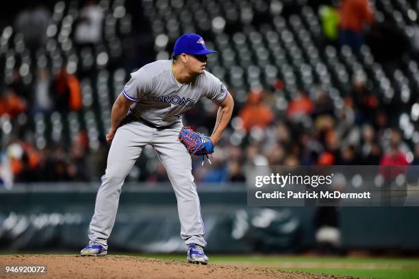 Roberto Osuna of the Toronto Blue Jays prepares to pitch in the ninth inning against the Baltimore Orioles at Oriole Park at Camden Yards on April...