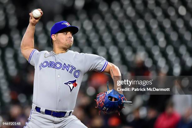 Roberto Osuna of the Toronto Blue Jays throws a pitch in the ninth inning against the Baltimore Orioles at Oriole Park at Camden Yards on April 10,...